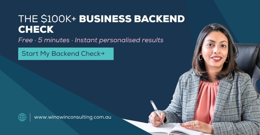 Nadia Omair of Winowin Consulting promoting the free Business Backend Check for established service-based founders.